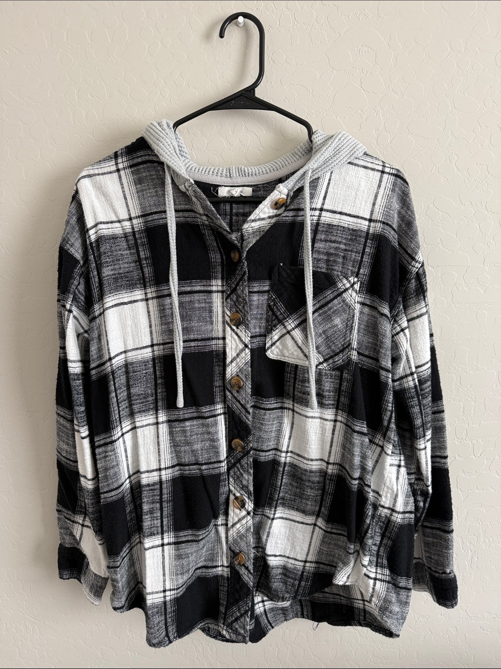 Black & White Plaid Hooded Shirt Jacket